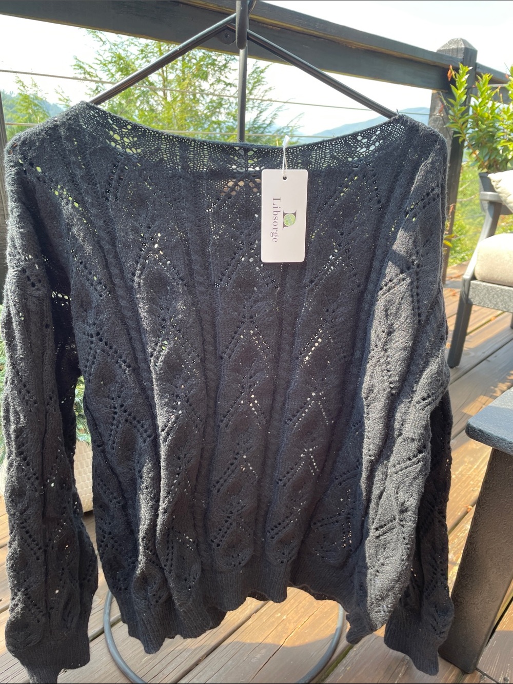 Black Openwork Crewneck Sweater by